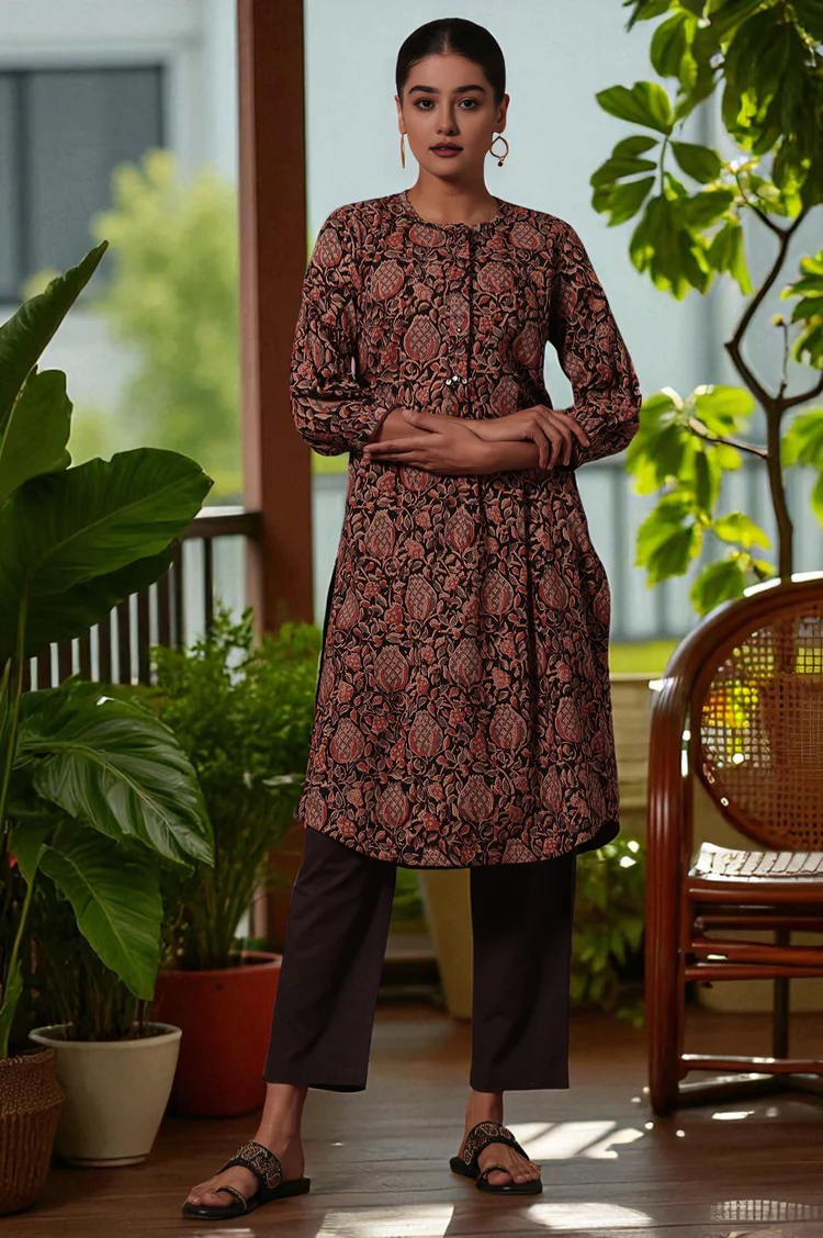 Black Floral Printed Pure Cotton Straight Kurta